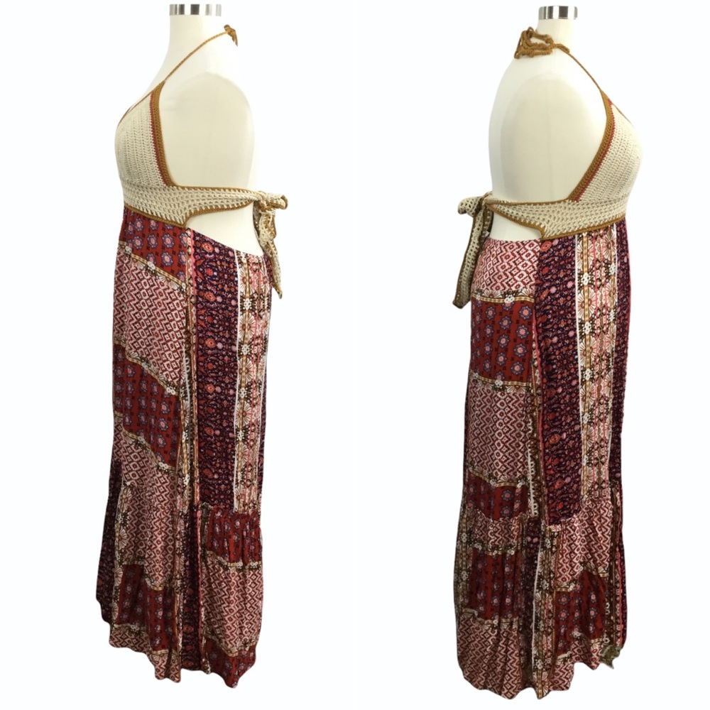 Boho Patchwork Crochet Halter Top Tie Maxi Dress - Picture 4 of 11